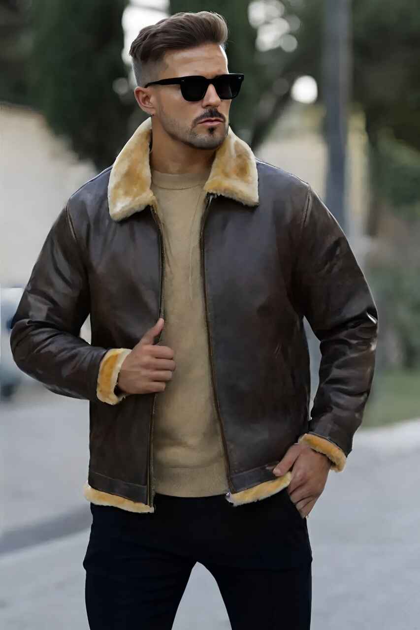 Brown shearling jacket mens for winters