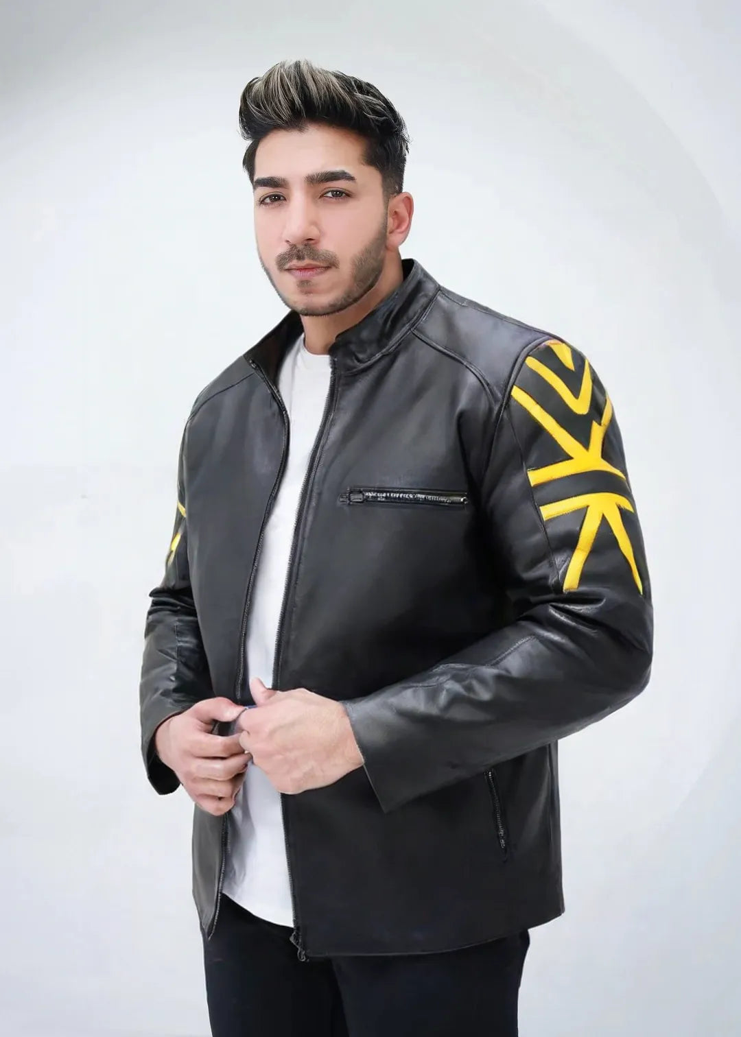 Men's Hooded Leather Jacket Black-Yellow Bolf HY614